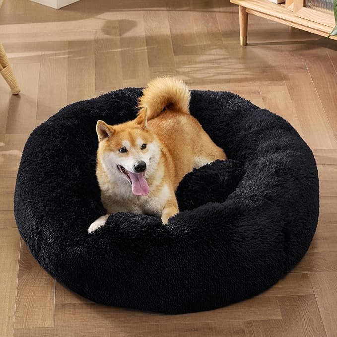 Bedsure Calming Dog Bed for Medium Dogs - Donut Washable Medium Pet Bed, 30 inches Anti-Slip Round Fluffy Plush Faux Fur Cat Bed, Fits up to 45 lbs Pets, Black