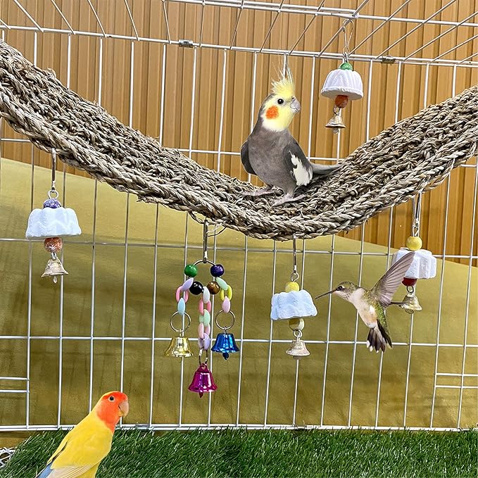 Bird Seagrass Mat,Natural Grass Woven Net Hammock Parakeet Chew Toys Trimming Cage Accessories Climbing Rope Ladder with Hooks Lovebird Cockatiel Conure Budgie,Size 28.3" X 6.7"