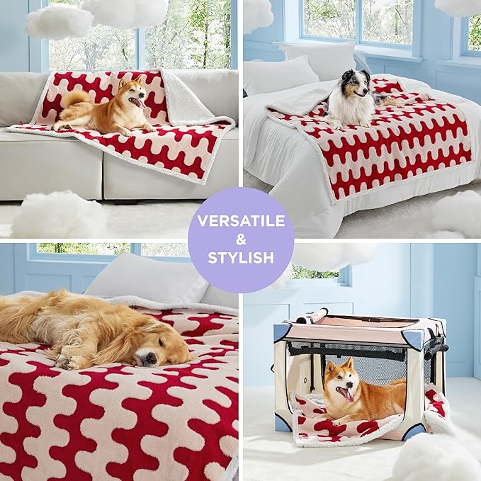 Lesure Waterproof Dog Blanket for Medium Dogs - Washable Double Sided Dog Blankets with Warm Jacquard Shag and Soft Sherpa Fleece, Pet Cat blanket for Couch Protection, 3D Textured Wave, Red