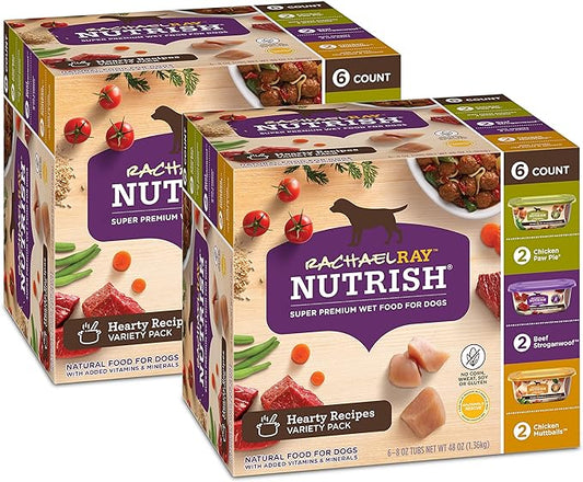 Rachael Ray Nutrish Premium Natural Wet Dog Food with Added Vitamins & Minerals, Hearty Recipes Variety Pack, 8 Ounce Tub (Pack of 12)