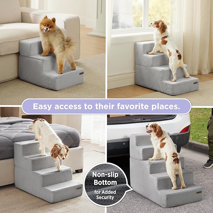 Lesure Dog Stairs for Small Dogs - Pet Stairs for Beds and Couch, Folding Pet Steps with CertiPUR-US Certified Foam for Cat and Doggy, Non-Slip Bottom Dog Steps, Glacier Gray, 4 Steps