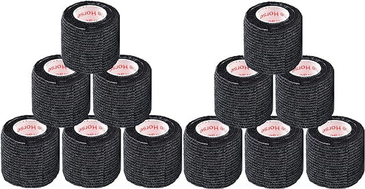 2 Inch Vet Wrap Tape Bulk (Black) (Pack of 12) Self Adhesive Adherent Adhering Flex Bandage Grip Roll for Dog Cat Pet Horse