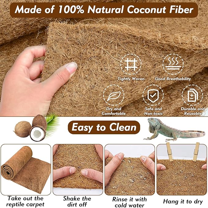 ZeeDix 10 Pieces Coconut Fiber Reptile Substrate Mat, 8 x 8 inches Natural Coco Coir Mat Turtle Bedding Tortoise Carpet Reptile Terrarium Liner for Lizard Snake Turtle Gecko Bearded Dragon