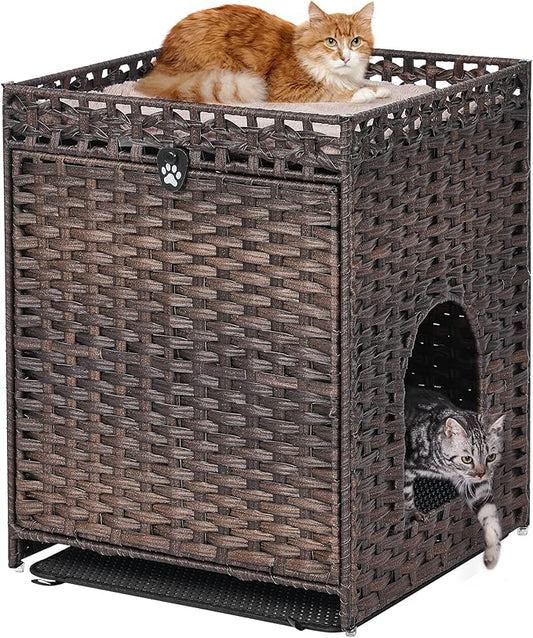 Cat Litter Box Enclosure with Soft Litter Mat; Hidden Cat Washroom Furniture with Door; Handwoven Rattan Cat House; Pet Crate for Living Room, Bedroom, Balcony (Brown)