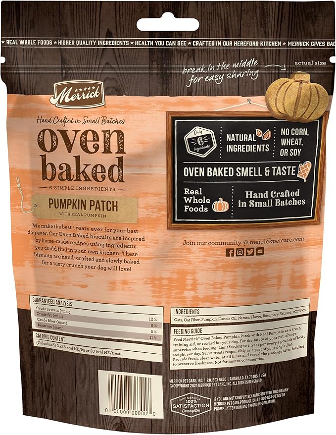 Merrick Oven Baked Dog Treats, Natural and Crunchy Bag of Treats, Pumpkin Patch with Real Pumpkin Snack - 11 oz. Bag