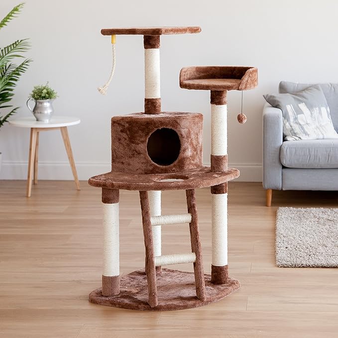 IRIS USA 3-Tier Plush Cat Tree with Hiding Place and Sisal Covered Rungs and Posts, Kitty Activity Center for Indoor and Outdoor Cats with Condo Scratching Posts Dangling Toys and Perches, Brown