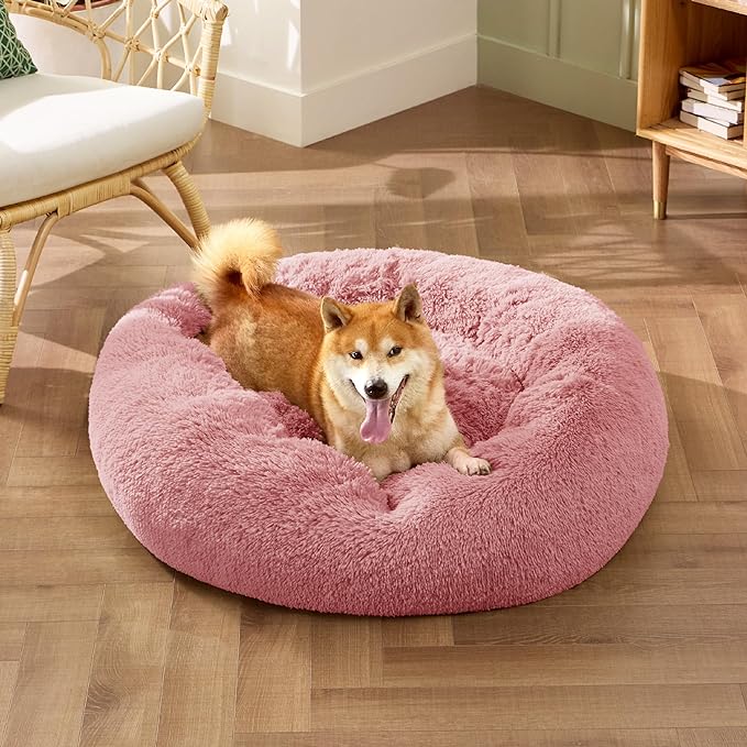 Bedsure Calming Dog Bed for Medium Dogs - Donut Washable Medium Pet Bed, 30 inches Anti-Slip Round Fluffy Plush Faux Fur Cat Bed, Fits up to 45 lbs Pets, Mauve Blush