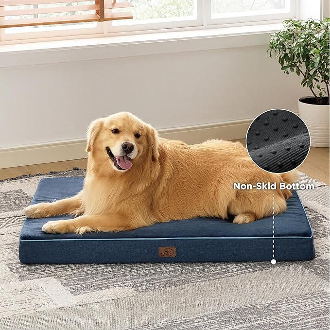 Bedsure Memory Foam Dog Bed for Large Dogs - Orthopedic Waterproof Dog Bed for Crate with Removable Washable Cover and Nonskid Bottom - Plush Flannel Fleece Top Pet Bed, Navy