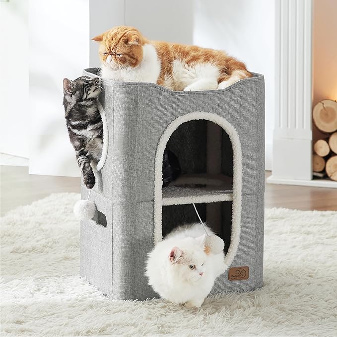 Bedsure 2-Level Cat House for Indoor Cats - Small Cat Towers with Scratch Pad and Hideaway Condo, Cat Cave Bed Furniture for Multi Pets and Large Cats, 18x14x23 inches, Grey