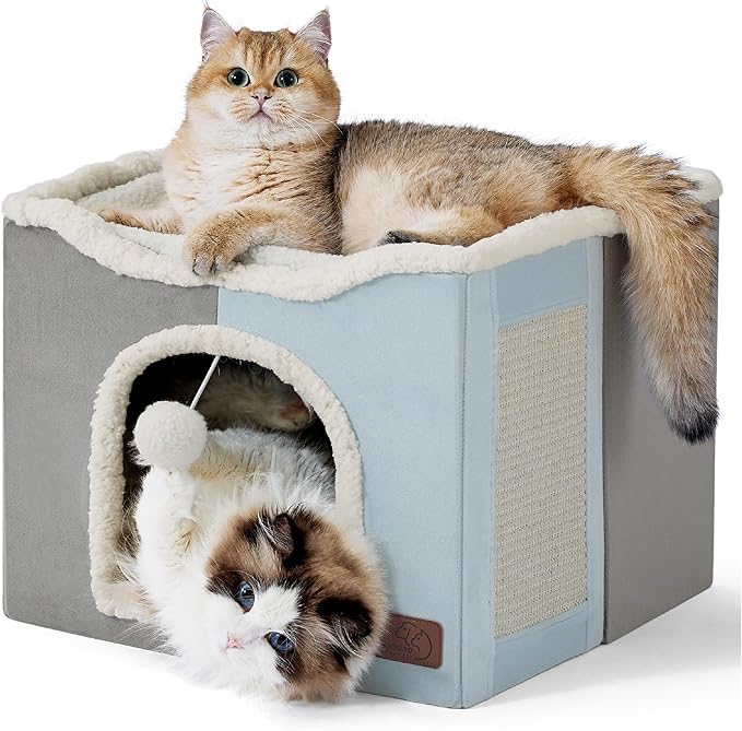 Bedsure Cat Beds for Indoor Cats - Large Cat Cave for Pet Cat House with Fluffy Ball Hanging and Scratch Pad, Foldable Cat Hideaway,16.5x16.5x13 inches, Pale Blue