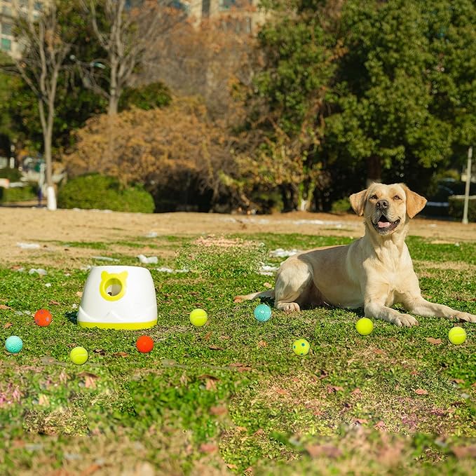 Automatic Ball Launcher for Dogs, 4 Launch Distance Modes, 2-inch Small Balls Included, Suitable for Small to Medium Sized Dogs (White with tennis balls)