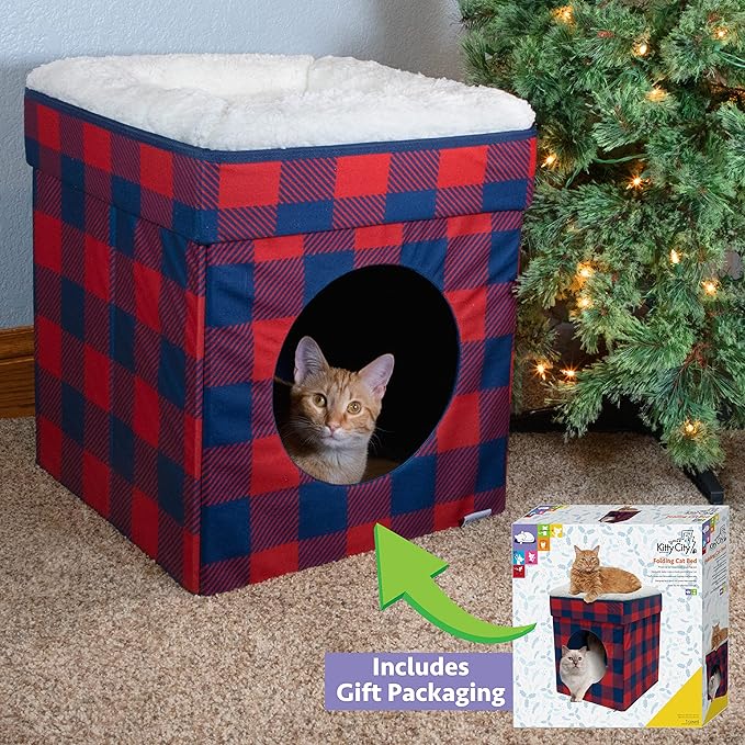 Kitty City Large Cat Bed, Stackable Cat Cube, Indoor Cat House/Cat Condo, Cat Scratcher, Red, (CM-10168)