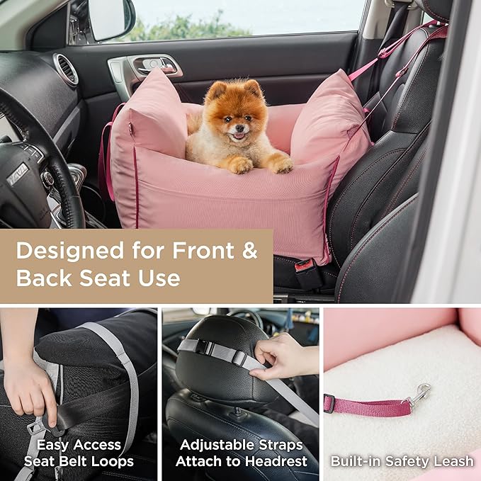 Lesure Small Dog Car Seat for Small Dogs - Waterproof Dog Booster Seat for Car with Storage Pockets and Clip-On Safety Leash and Thickened Memory Foam Filling, Pet Travel Carrier Bed Strawberry Cream