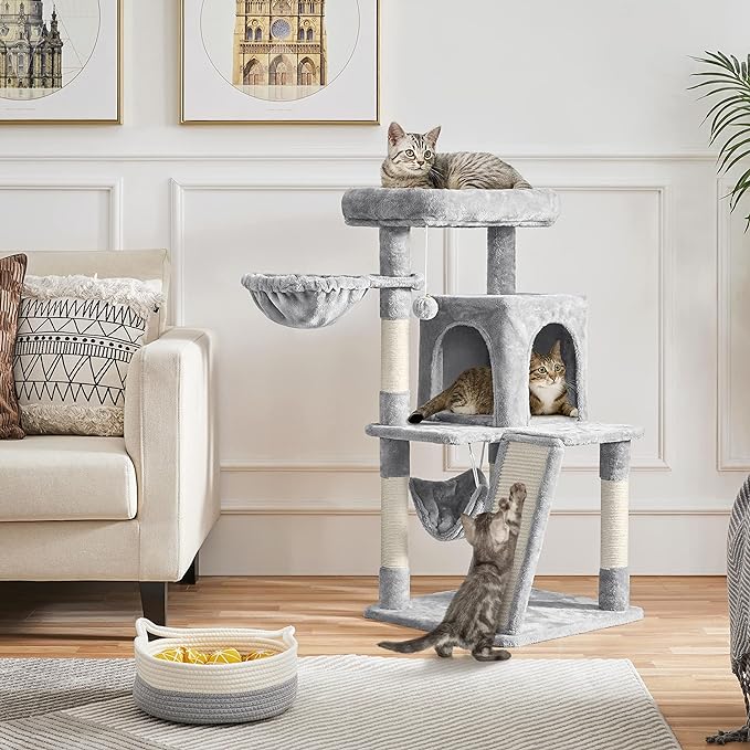 Yaheetech Cat Tree Cat Tower, 40-Inch Cat Condo with Oversized Soft Platform, Scratching Board, Basket and Hammock, Cat Furniture for Kittens Cats Pets, Light Gray