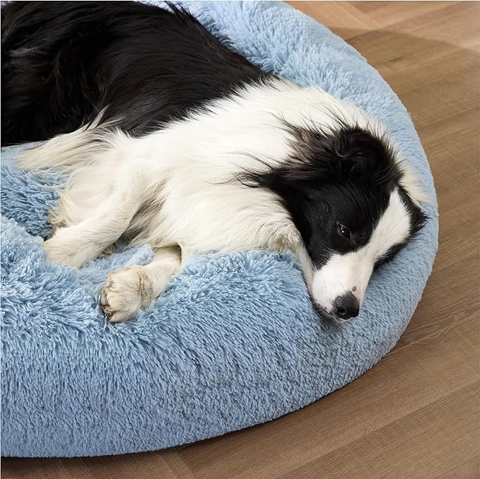 Bedsure Calming Dog Bed for Large Dogs - Donut Washable Large Pet Bed, Anti-Slip Round Fluffy Plush Faux Fur Dog Bed, Fits up to 100 lbs Pets, Blue, 36 inches