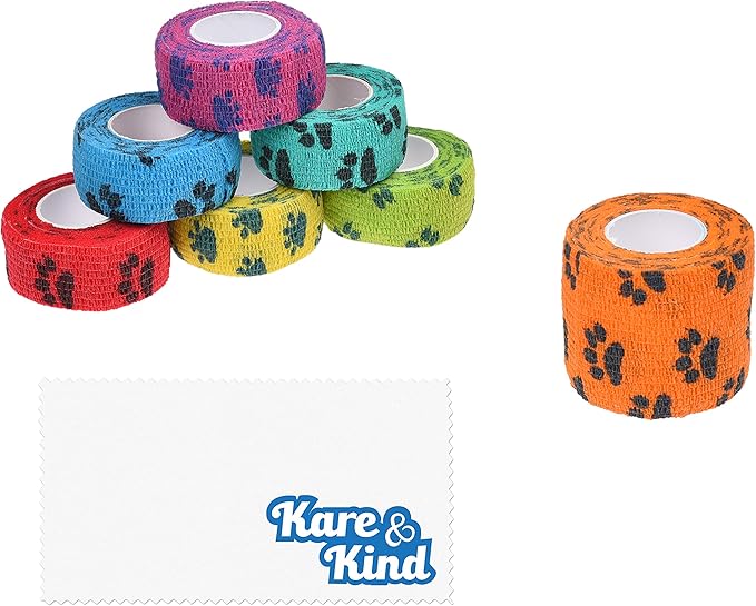 Self-Adhesive Bandage - Injury Wrap Tape for Pets - Dog, Cats, Horses - 7 Multi-Color Rolls - Muscle and Joint Support - Elastic, Does not Stick to Animal Fur or Coat