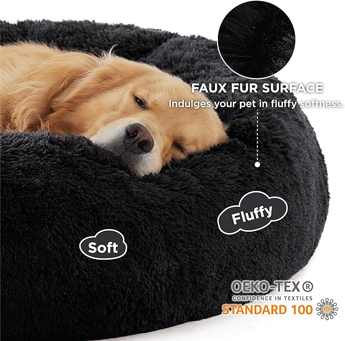 Bedsure Calming Dog Bed for Extra Large Dogs - Donut Washable Large Pet Bed, 45 inches Anti-Slip Round Fluffy Plush Faux Fur Dog Bed, Fits up to 125 lbs Pets, Black