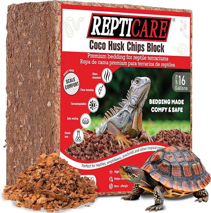ReptiCare Compressed Coconut Chip Substrate for Reptiles 64 Quart Coco Husk Bedding Block for Ball Pythons, Snakes, Tortoises, Crested Geckos, Frogs, Hermit Crabs or Lizard Terrarium Tanks