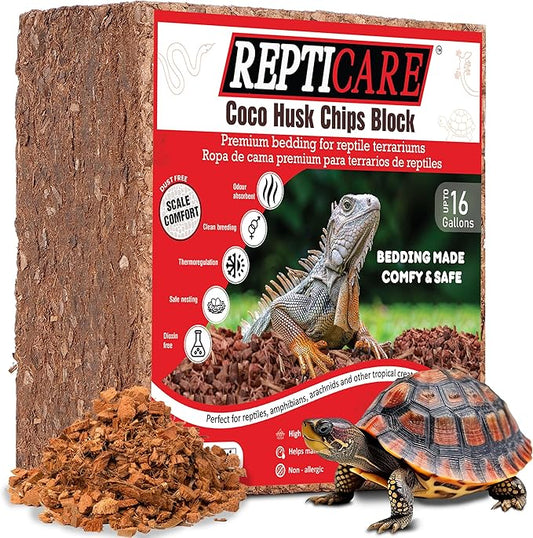 ReptiCare Compressed Coconut Chip Substrate for Reptiles 64 Quart Coco Husk Bedding Block for Ball Pythons, Snakes, Tortoises, Crested Geckos, Frogs, Hermit Crabs or Lizard Terrarium Tanks