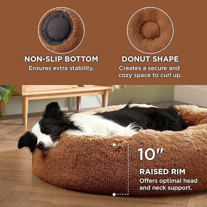 Bedsure Calming Dog Bed for Large Dogs - Donut Washable Large Pet Bed, 36 inches Anti-Slip Round Fluffy Plush Faux Fur Dog Bed, Fits up to 100 lbs Pets, Caramel