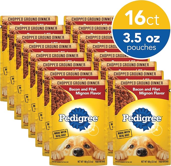 PEDIGREE CHOPPED GROUND DINNER Adult Soft Wet Dog Food, Bacon and Filet Mignon Flavor, 3.5 oz Pouches, 16 Pack