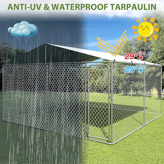 13x13 Extra Large Outdoor Dog Kennel, Dog Kennel Outside with Roof, Heavy Duty Dog Run Fence with Anti-UV & Waterproof Cover and Lockable Door, Covered Dog Playpen for Large Dogs