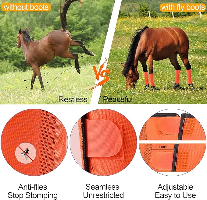 Fly Boots for Horses Set of 4 with Horse Fly Mask, Adjustable Horse Fly Boots Stops Stomping Fly Leg Wraps for Horses, Horse Leg Fly Protectors Breathable Fly Masks for Horses with Ears (Orange)