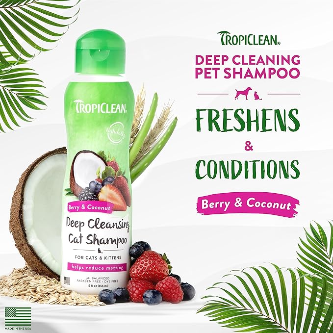 TropiClean Berry & Coconut Deep Cleansing Cat Shampoo | Kitten Shampoo Reduces Matting | Natural Shampoo Derived from Natural Ingredients | Made in The USA | 12 oz.