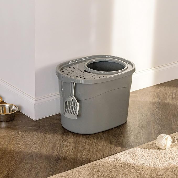 Amazon Basics Top Entry Cat Litter Box and Black Scoop, Oval, Grey, 20.5 x 14.75 x 14.38 inches