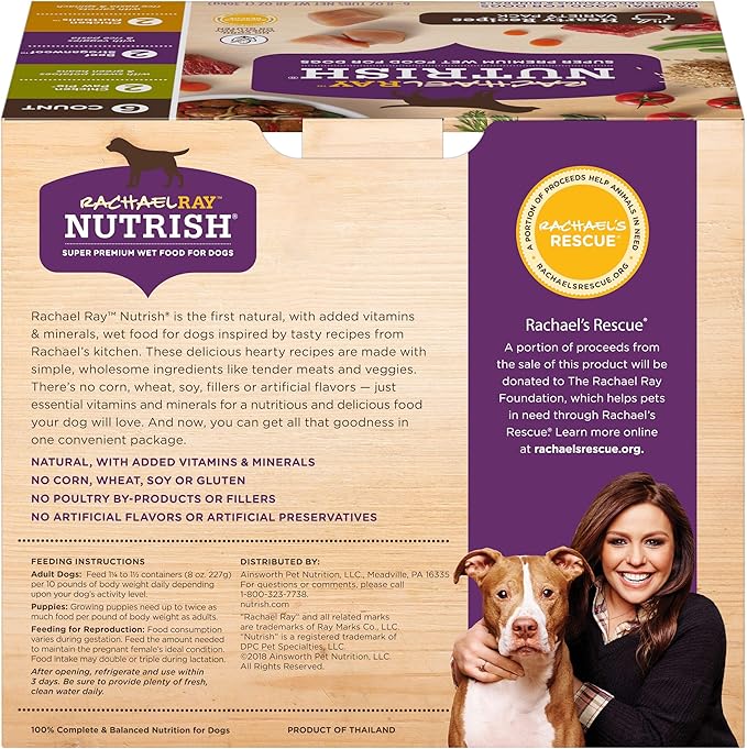 Rachael Ray Nutrish Premium Natural Wet Dog Food with Added Vitamins & Minerals, Hearty Recipes Variety Pack, 8 Ounce Tub (Pack of 12)