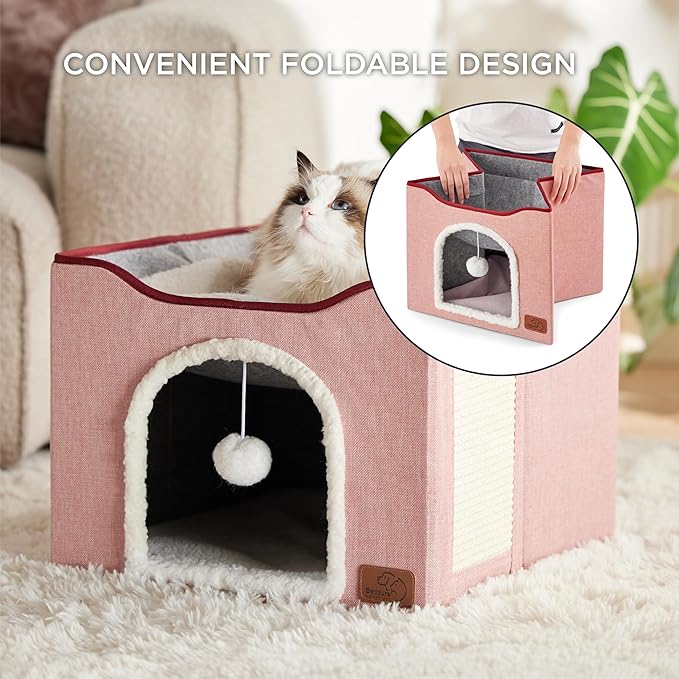 Bedsure Cat Beds for Indoor Cats - Large Cat Cave for Pet Cat House with Fluffy Ball Hanging and Scratch Pad, Foldable Cat Hideaway,16.5x16.5x13 inches, Pink