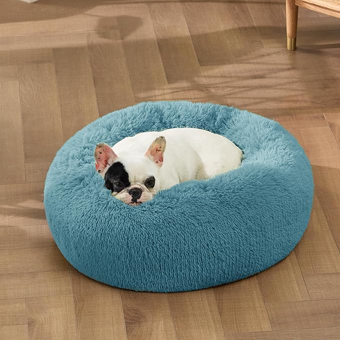 Bedsure Calming Dog Bed for Small Dogs - Donut Washable Small Pet Bed, 23 inches Anti-Slip Round Fluffy Plush Faux Fur Large Cat Bed, Fits up to 25 lbs Pets, Washed Blue