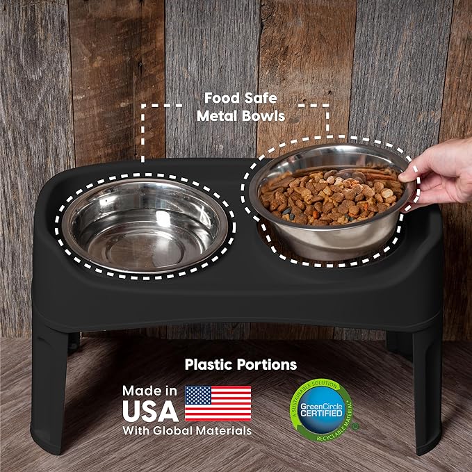 IRIS USA Elevated Dog Bowls, Adjustable Height, 2 Thick 64 oz Stainless Steel Bowls, Spill-Proof with Raised Outer Rim, Durable Made in USA Plastic, Easy Assemble, 2 Heights 4.63" or 12.25" Black