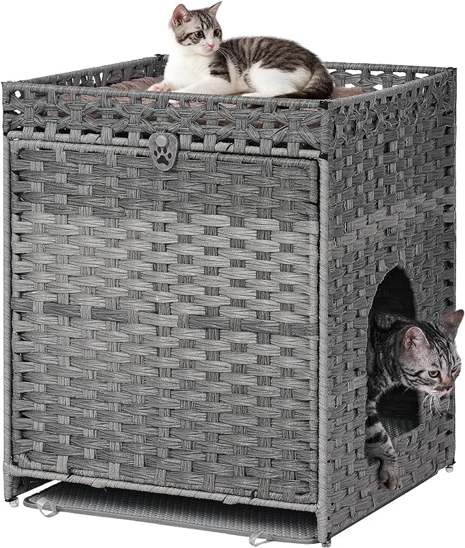 Cat Litter Box Enclosure with Soft Litter Mat; Hidden Cat Washroom Furniture with Door; Handwoven Rattan Cat House; Pet Crate for Living Room, Bedroom, Balcony (Grey)