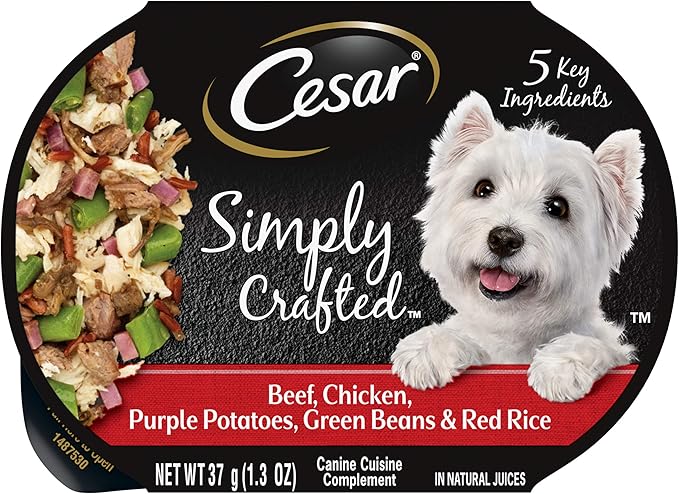 CESAR SIMPLY CRAFTED Adult Soft Wet Dog Food Meal Topper Beef, Chicken, Purple Potatoes, Green Beans & Red Rice, 1.3 oz. Tubs, (Pack of 10)