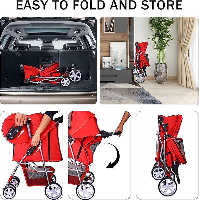 Pet Stroller, 4 Wheels Multifunction Dog Cat Stroller, Folding Portable Travel Stroller with Detachable Carrier, Suitable for Medium Small Dogs Cats, Red