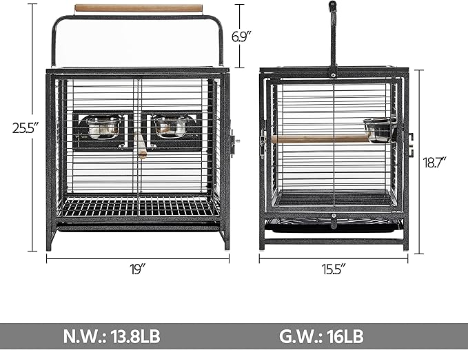 Yaheetech 25.5'' Wrought Iron Bird Travel Carrier Cage Parrot Cage with Handle Wooden Perch & Seed Guard for Small Parrots Canaries Budgies Parrotlets Lovebirds Conures Cockatiels