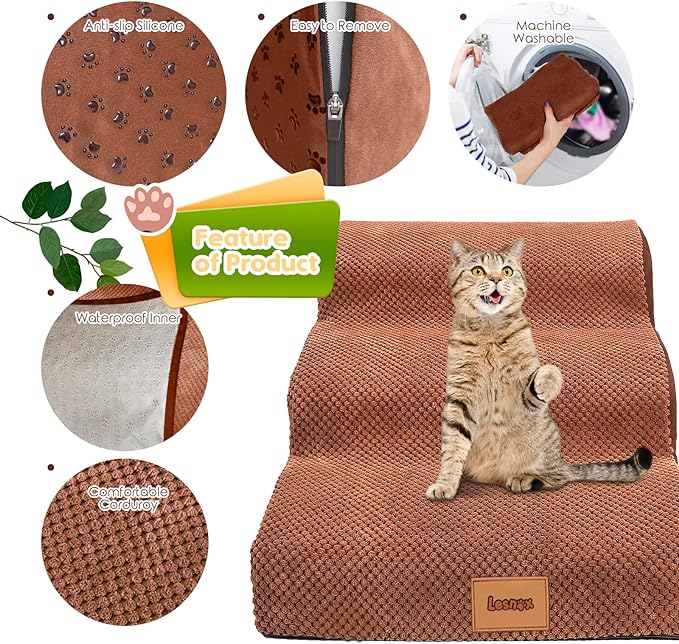 Foam Dog Stairs/Steps, 3 Tiers Pet Ramp/Ladder with Waterproof Cover for Bed Couch Sofa, Non-Slip, Dog Stair for Small Dogs Cats with Old/Injured/Short-Legged, 15.7" H Brown…