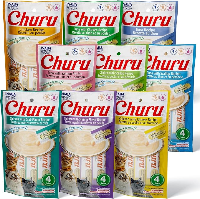 INABA Churu Cat Treats, Grain-Free, Lickable, Squeezable Creamy Purée Cat Treat/Topper with Vitamin E & Taurine, 0.5 Ounces Each Tube, 36 Tubes (4 per Pack), 9 Flavor Variety