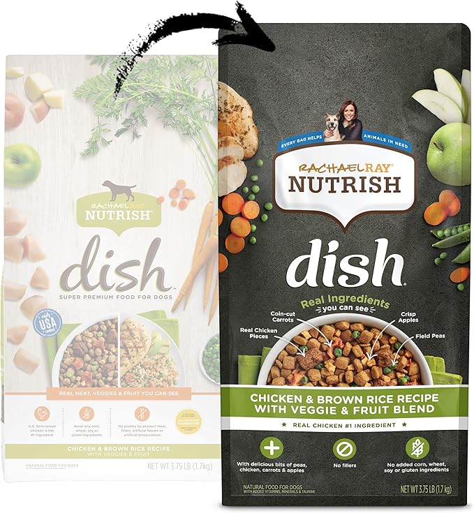 Rachael Ray Nutrish Dish Premium Natural Dry Dog Food with Added Vitamins, Minerals & Taurine, Chicken & Brown Rice Recipe with Veggies & Fruit, 3.75 Pounds