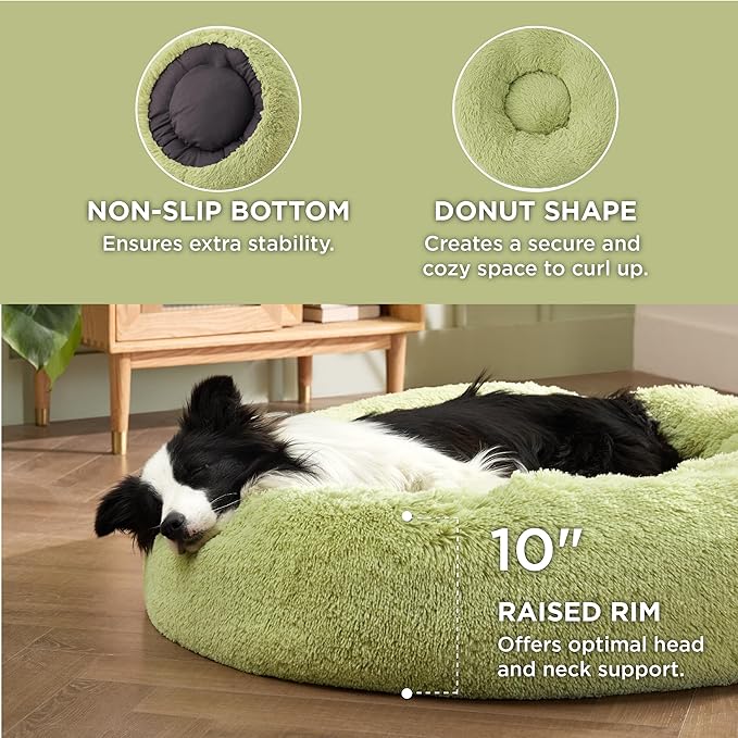 Bedsure Calming Dog Bed for Large Dogs - Donut Washable Large Pet Bed, Anti-Slip Round Fluffy Plush Faux Fur Dog Bed, Fits up to 100 lbs Pets, Green, 36 inches