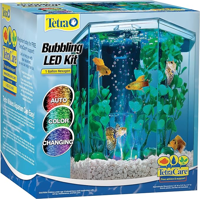 Tetra Bubbling LED Aquarium Kit 1 Gallon, Hexagon Shape, With Color-Changing Light Disc,Green (Packaging may vary)