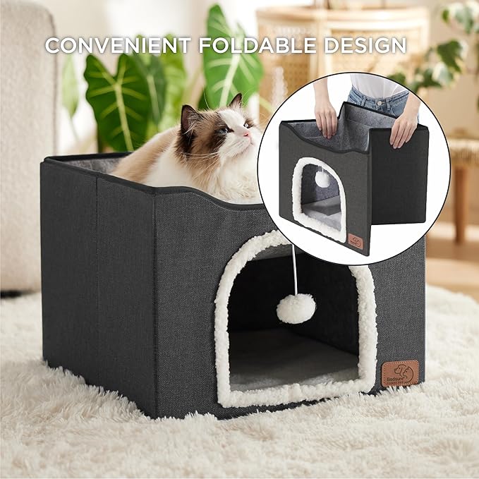 Bedsure Cat Beds for Indoor Cats - Large Cat Cave for Pet Cat House with Fluffy Ball Hanging and Scratch Pad, Foldable Cat Hideaway,16.5x16.5x13 inches, Dark Grey