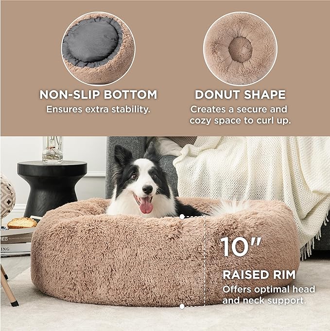 Bedsure Calming Dog Bed for Large Dogs - Donut Washable Large Pet Bed, 36 inches Anti Anxiety Round Fluffy Plush Faux Fur Dog Bed, Fits up to 100 lbs Pets, Camel