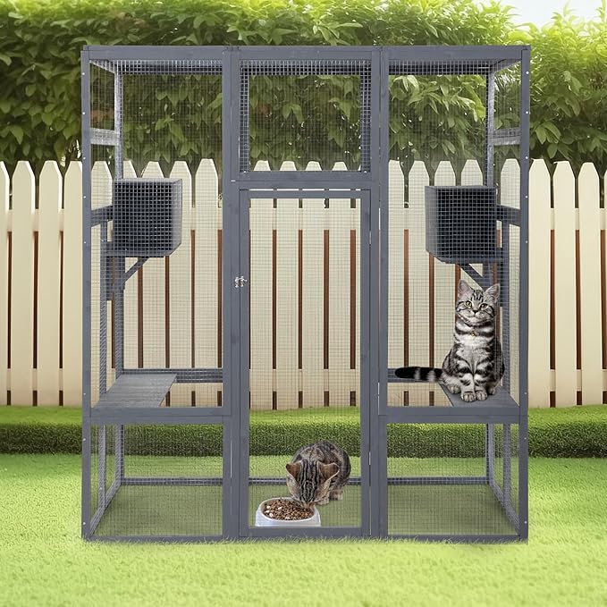 63 Inch Wooden Catio Outdoor Cat Enclosure w/ 2 Napping Houses, Luxury Kitty-House with 7 Jumping Platforms & Weatherproof Tarpaulin, Walk-in Kitty Kennel Condo Shelter