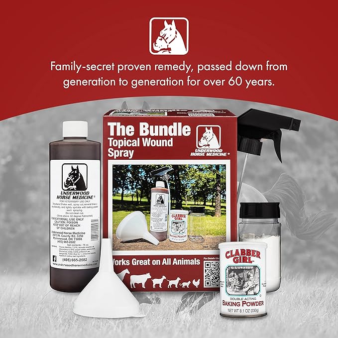 Topical Wound Spray Kit - 16oz Refill Bottle w/Baking Powder, Funnel, Spray Trigger & Shaker - Pet First Aid Kit – Equine First Aid Kit for Horses – Antiseptic Spray for Wounds – Horse First Aid Kit