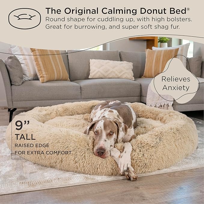 Best Friends by Sheri The Original Calming Donut Shag 2XL Dog Bed for Big Dogs, Taupe, 54"