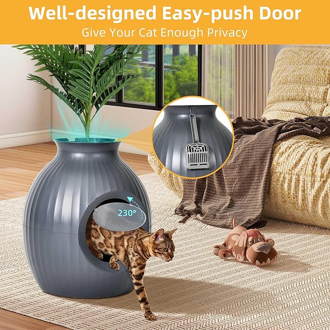 YITAHOME Smart Plant Litter Box with Odor Control & Sterilization System, Hidden Cat Litter Box Plant Furniturewith Led Light for Cats, Includes Scoop, Stones, Artificial Plants, Grey & Green