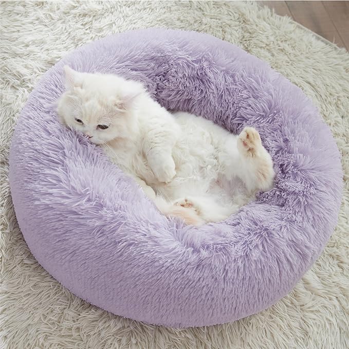 Bedsure Calming Cat Beds for Indoor Cats - Small Cat Bed Washable 20 inches, Anti-Slip Round Fluffy Plush Faux Fur Pet Bed, Fits up to 15 lbs Pets, Purple