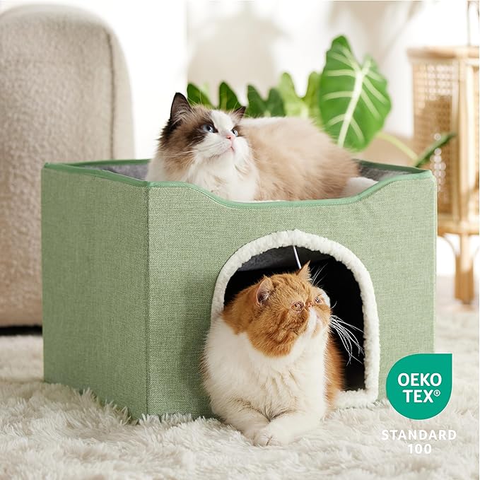 Bedsure Cat Beds for Indoor Cats - Large Cat Cave for Pet Cat House with Fluffy Ball Hanging and Scratch Pad, Foldable Cat Hideaway,16.5x16.5x13 inches, Green